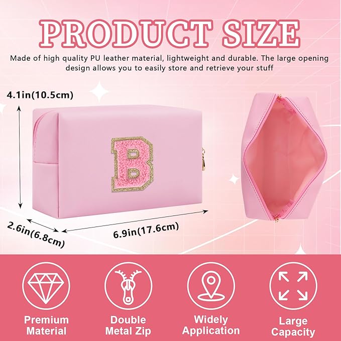 Personalized Initial Letter Patch Makeup Bag, Preppy Small Chenille Cosmetic Bag with Zipper, PU Leather Waterproof Travel Toiletry Bag Monogram Make Up Pouch for Women Girls