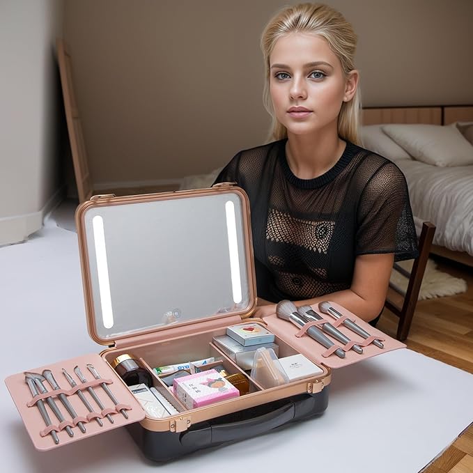 Makeup Case with LED Lighted Mirror, 11.5''x 8.7'' Portable Travel Makeup Organizer, Toiletry Storage Makeup Bag Gift for Lady, DIY Dividers Makeup Box with 5X Magnifying Mirror (Black)