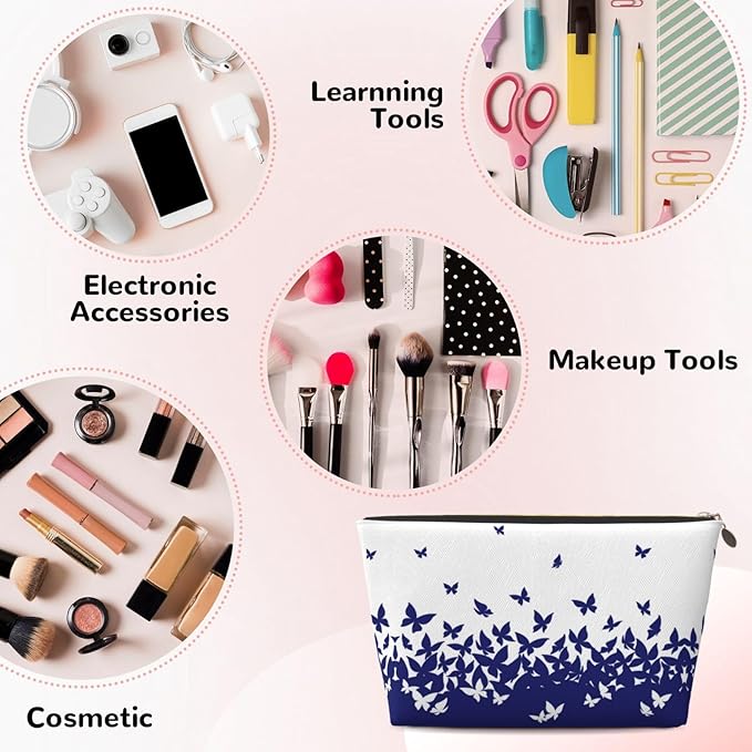 Womens Leather Makeup Bag Cosmetic Bag Travel Toiletry Bags Make Up Bags for Women Adult (Butterfly)