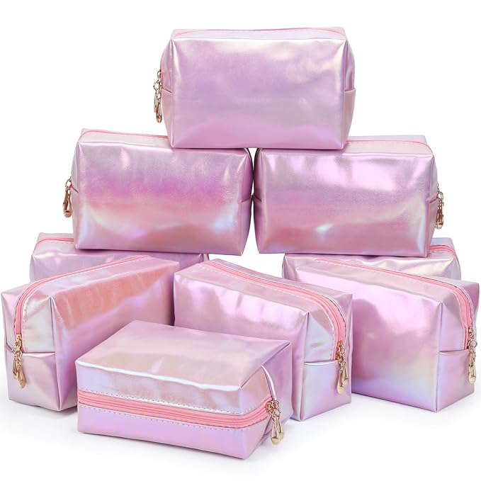 Sanwuta 9 Pcs Makeup Bags Bulk PU Double Zippers Cosmetic Bag Makeup Toiletry Christmas Small Pouch Portable Travel Organizers Case for Women Bridesmaid Party End of The Year(Laser Pink)