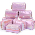 Sanwuta 9 Pcs Makeup Bags Bulk PU Double Zippers Cosmetic Bag Makeup Toiletry Christmas Small Pouch Portable Travel Organizers Case for Women Bridesmaid Party End of The Year(Laser Pink)