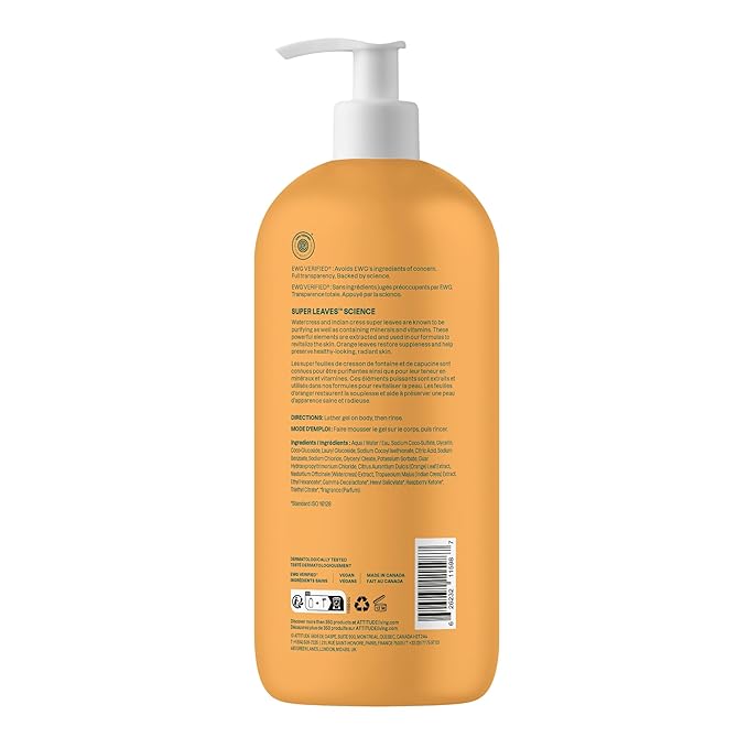 ATTITUDE Body Wash, EWG Verified Shower Gel, Dermatologically Tested, Plant and Mineral-Based, Vegan Personal Care Products, Orange Blossom & Eucalyptus, 32 Fl Oz