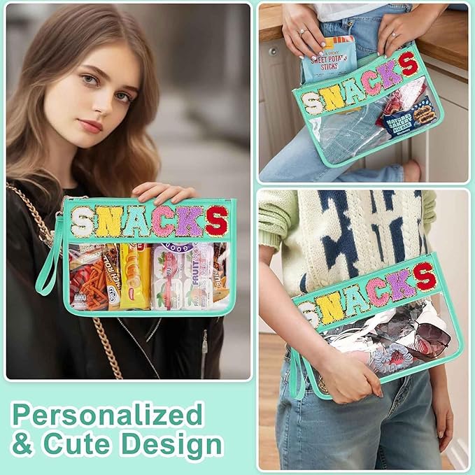 4 Piece Clear Snack Bag for Travel, Chenille Letter Zipper Pouch, Nylon Cosmetic & Makeup Bag, Waterproof Reusable Organizer for Snacks, Toiletries, School, Vacation, Glitter Patch Design