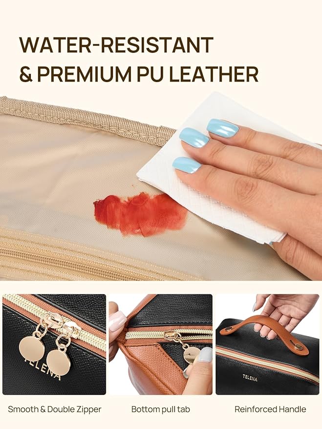 Telena Leather Make Up Bag Portable Travel Makeup Bag Waterproof Cosmetic Bags for Women Large Capacity With Handle and Divider Open Flat