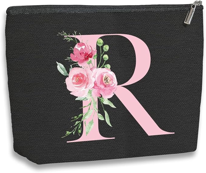 A-Z Personalized Cosmetic Bag Monogrammed Makeup Bags Bridesmaid Gifts Custom Toiletry Pouch Gifts for Women Mom Best Friend Sister Bride Bridesmaid (R)