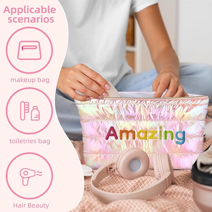 Hiroyuki Iridescent Quilted Makeup Bag, 3pcs Cosmetic Bag Set, Large Capacity Travel-Friendly Pouch (URAmazing, pink)