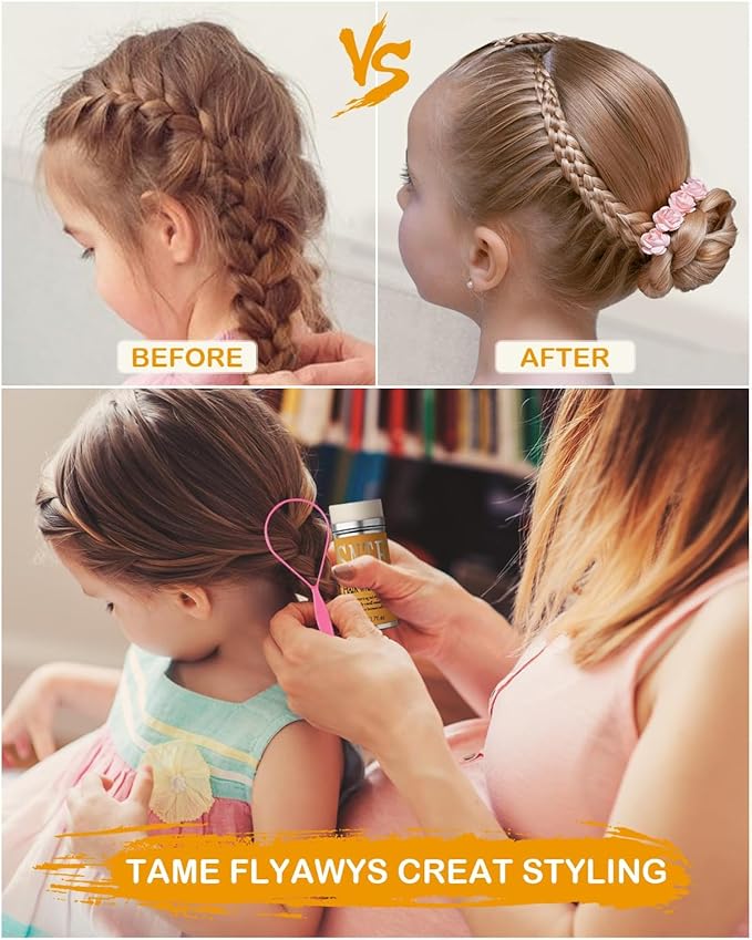 Hair Wax Stick & Styling Accessories - Tames Flyaways, Smooths Frizz, Sleek Ponytails & Buns for Kids, Teen Girls Gifts, 1000 Elastic Hair Ties, 1 Slick Back Hair Brush, 2 Hair Loop Styling Tools