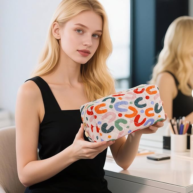 Makeup Bag Travel Toiletry Bag for Women, Small Cosmetic Bags Cute Quilted Cotton Makeup Pouch for Purse Emergency Bag for School Floral Pencil Case Accessory Bag, Colorful