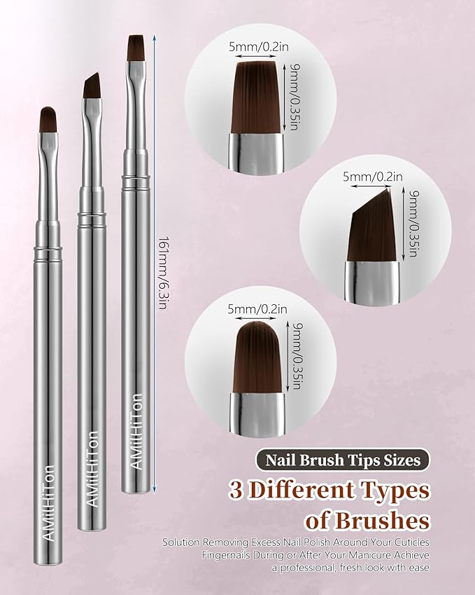 3PCS Brush for OPI Nail Polish Remover, AMilHiTon Nails Clean Up Brushes, Round/Angled/flat Acetone Resistant Nail Art Designs, and Tidying Up Polish Mishaps on Cuticles（Gun Color）