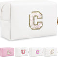 Personalized Initial Letter Patch Makeup Bag, Preppy Portable Chenille Letter Cosmetic Bag with Zipper, PU Leather Waterproof Travel Toiletry Bag