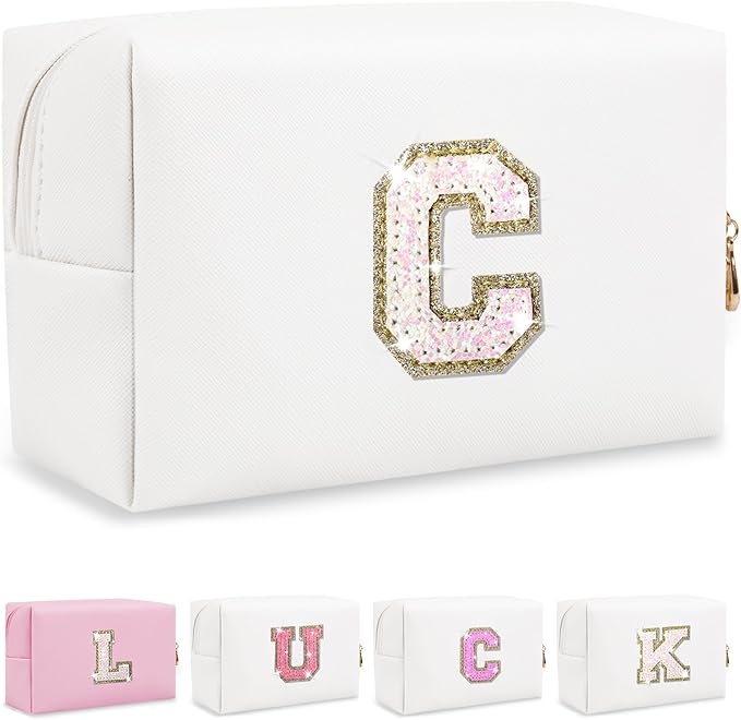 Personalized Initial Letter Patch Makeup Bag, Preppy Portable Chenille Letter Cosmetic Bag with Zipper, PU Leather Waterproof Travel Toiletry Bag