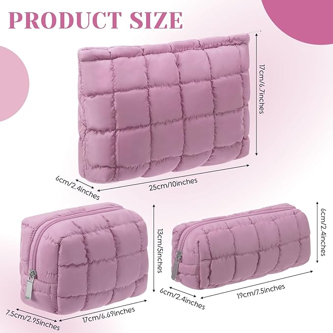 3 Pcs Puffy Makeup Bag Quilted Cosmetic Pouch for Women Cute Checkered Travel Toiletry Bag Puffer Makeup Organizer Purse Pouch Preppy Pencil Case with Zipper(Nude Pink)