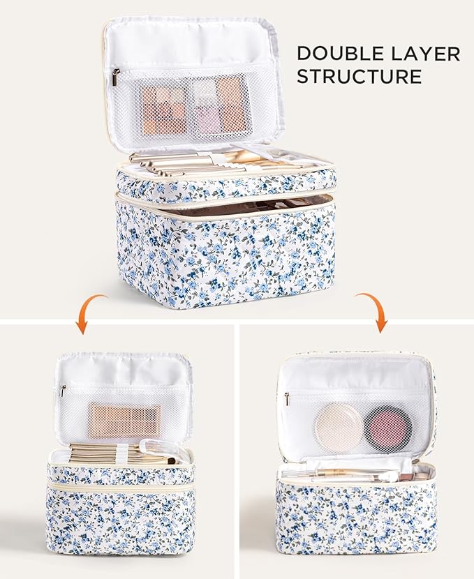 HBselect 2Pcs Travel Makeup Bag, Large Cotton Quilted Makeup Bag Cosmetic Bag Cute Make up Bag Toiletry Bags for Women Girls