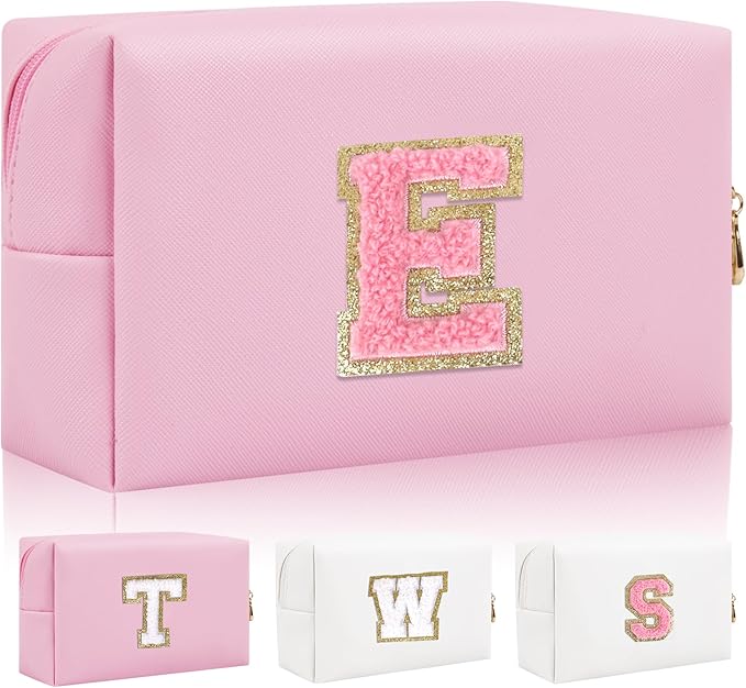 Iqimott Personalized Initial Letter Patch Makeup Bag, Preppy Small Chenille Letter Cosmetic Bag with Zipper, PU Leather Waterproof Travel Toiletry Bag Monogram Make Up Pouch for Women Girls(Letter E)