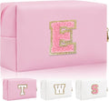 Iqimott Personalized Initial Letter Patch Makeup Bag, Preppy Small Chenille Letter Cosmetic Bag with Zipper, PU Leather Waterproof Travel Toiletry Bag Monogram Make Up Pouch for Women Girls(Letter E)