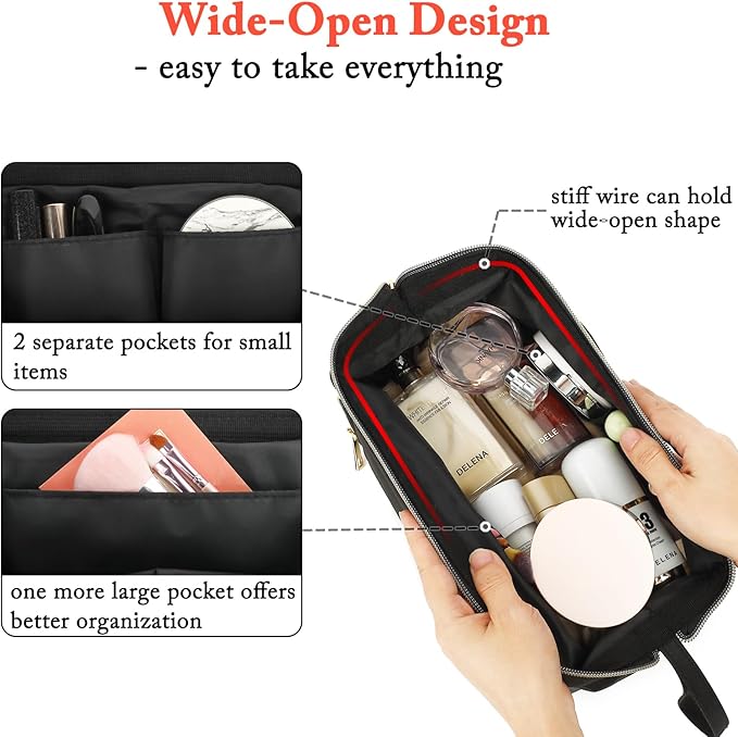Travel Makeup Bag, Wide-open Cosmetic Bag Make Up Organizer Case with Brushes Pocket for Women, Large Family Toiletry Bag Skincare Pouch for Toiletries Accessories