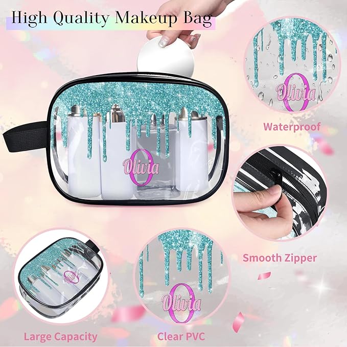 Custom Transparent Travel Toiletry Bag for Women, PVC Large Makeup Bag, Cosmetic Bag, Comestic Essentials for Women, Water Flow Shape Aqua Blue Shiny Glittering