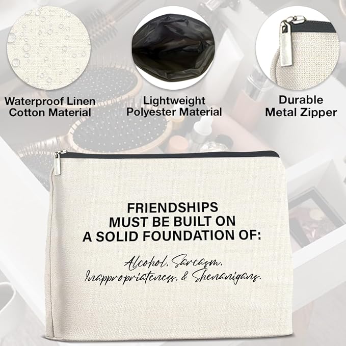 Friendship Gifts Makeup Bag, Funny Gifts for Women Friends, Best Friend Bestie Gifts Foundations of Friendship Zipper Makeup Pouch