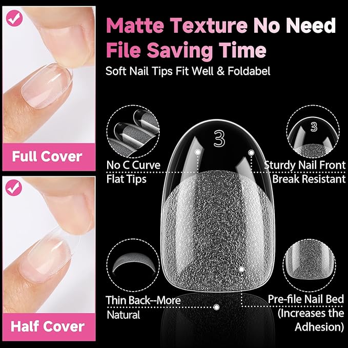 UNA GELLA Oval Gel Nail Tips, 312 Pcs Short Oval Round Nails Pre-Etched Half Matte Clear Acrylic Full Cover Press on Fake Nails No Filing Needed for DIY & Nail Extensions 12 Sizes
