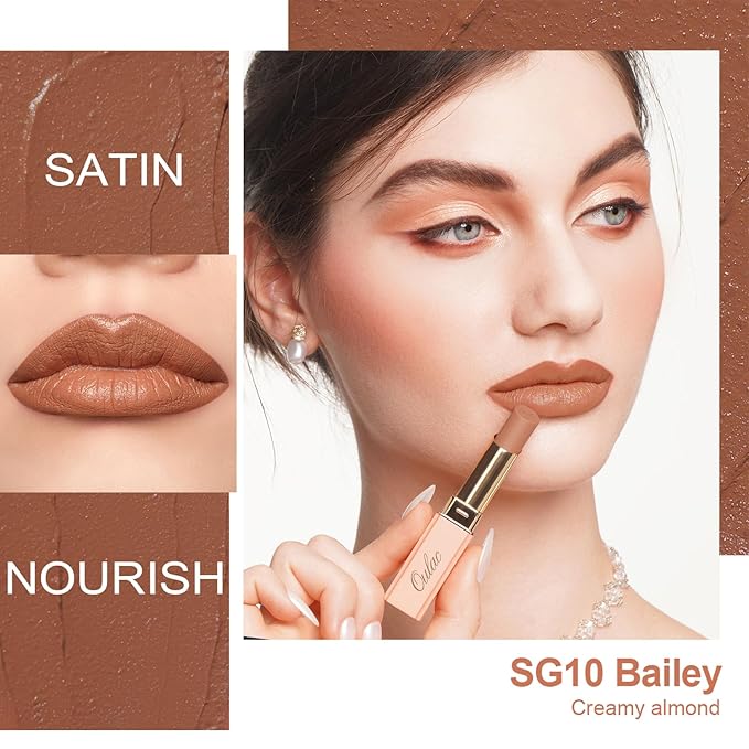 Oulac Color Rich Satin Lipstick Set For Women Nude Brown Lipsticks High Impact Lipcolor Tinted Lip Balm, Nourishing, Satin Finish, Moisturizing Creamy Formula, Vegan Gluten Free (10+12+13)