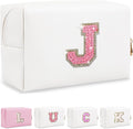 Initial Letter Patch Makeup Bag, Small Preppy A-Z Glitter Letter Cosmetic Bag, PU Leather Waterproof Travel Toiletry Bag, Cute Make Up Pouch Personalized Monogrammed Gift for Women Teen Girls