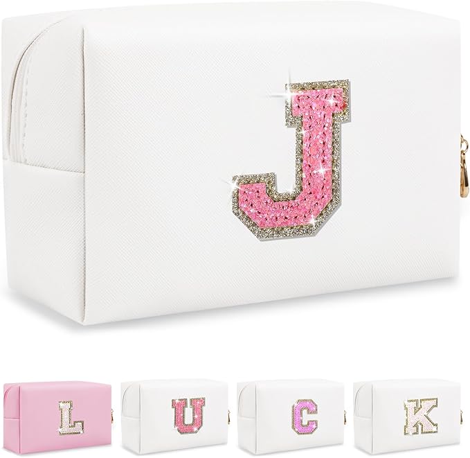 Initial Letter Patch Makeup Bag, Small Preppy A-Z Glitter Letter Cosmetic Bag, PU Leather Waterproof Travel Toiletry Bag, Cute Make Up Pouch Personalized Monogrammed Gift for Women Teen Girls