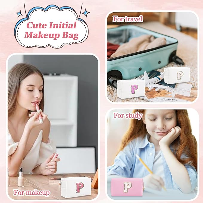 Personalized Initial Makeup Bag, Small Preppy Glitter Letter Cosmetic Pouch PU Waterproof Zipper Travel Toiletry Bag, Unique Letter Patch Makeup Organizer Gift for Women Teen Girls