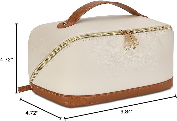 Telena Leather Make Up Bag Portable Travel Makeup Bag Waterproof Cosmetic Bags for Women Large Capacity With Handle and Divider Open Flat