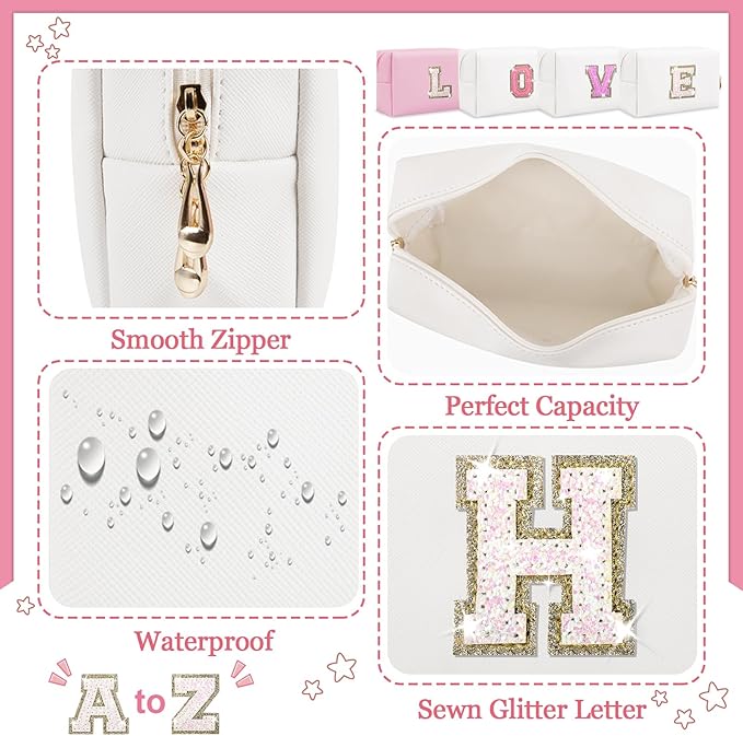 Personalized Initial Letter Makeup Bag, Small Glitter Letter Patch Cosmetic Pouch Zipper, Preppy Makeup Organizer PU Waterproof Travel Toiletry Bag, Monogrammed Birthday Gift for Women Girls