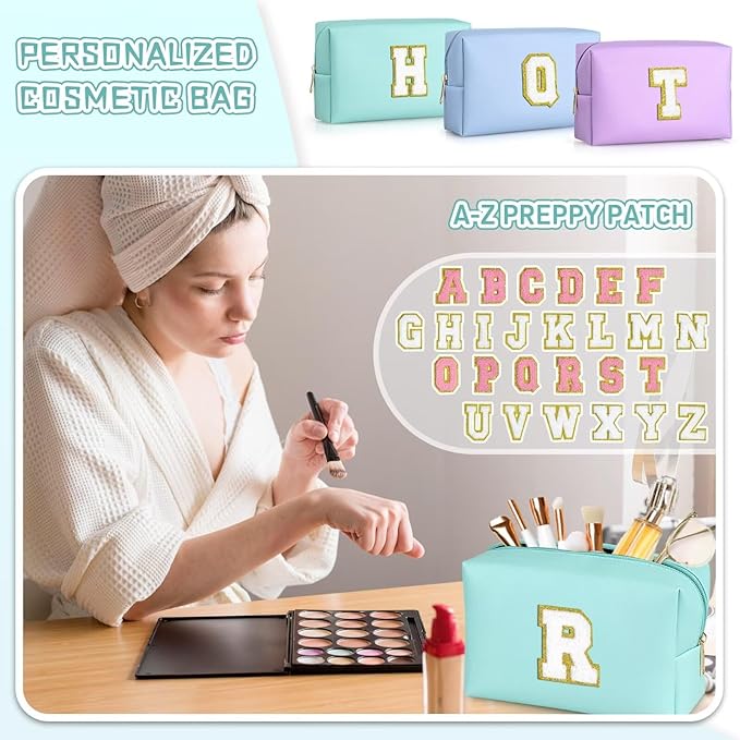 TOPEAST Personalized Birthday Gifts for Women, Preppy Patch Makeup Bag, Chenille Letter Pouch Cosmetic Bag, Travel Organizer, Birthday Gifts for Friends, Cute Stuff (Blue L)