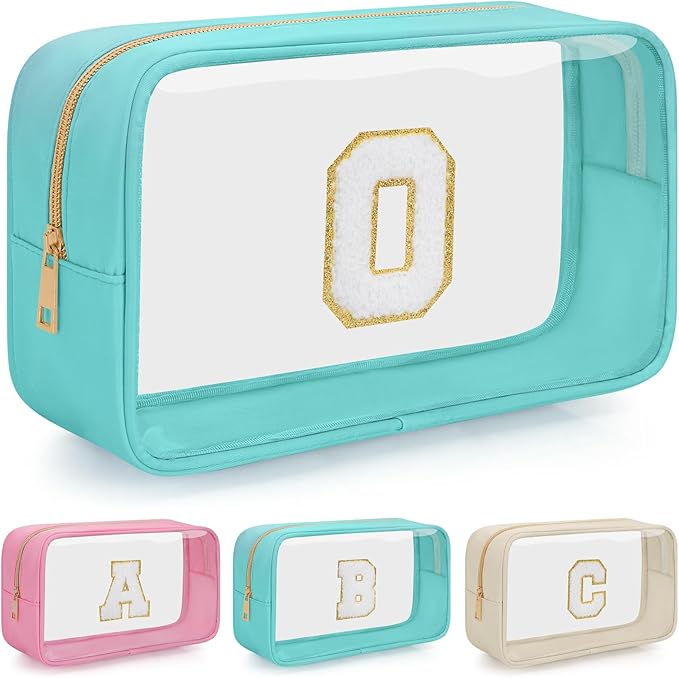 Personalized Initial Clear Makeup Bag, Travel Chenille Patch Cosmetic Bag, Preppy Toiletry Bag Monogram Cosmetic Pouch with Zipper, Ideal Gift for Teen Girls Women (Clear-Green, O)