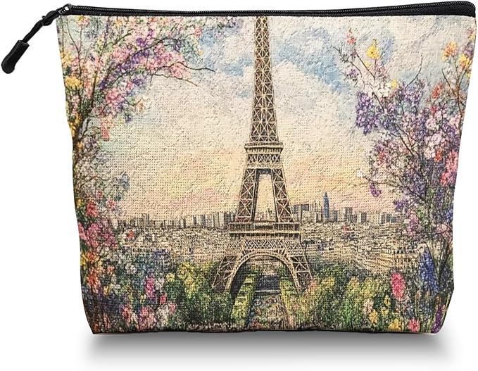 Cosmetic Bags Travel Makeup Toilet Case Waterproof Pouch for Women Girls 6.7X9.45inches - The Eiffel Tower Surrounded By Spring Flowers