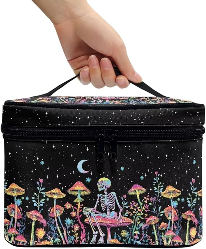 Colorful Mushroom Skull Floral Pattern Travel Makeup Bag for Women Large Capacity Cosmetic Bag with Zipper and Handle Portable Toiletry Bag Make Up Organizers
