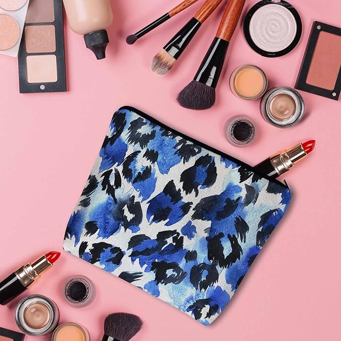 Leopard Print Makeup Bag For Women, Leopard Skin Adorable Cosmetic Bag Makeup Bags, Leopard Fur Zipper Bag Travel Bags Toiletry Organizers Pouch Bags Washing Bags For Gym Bathroom Blue Black