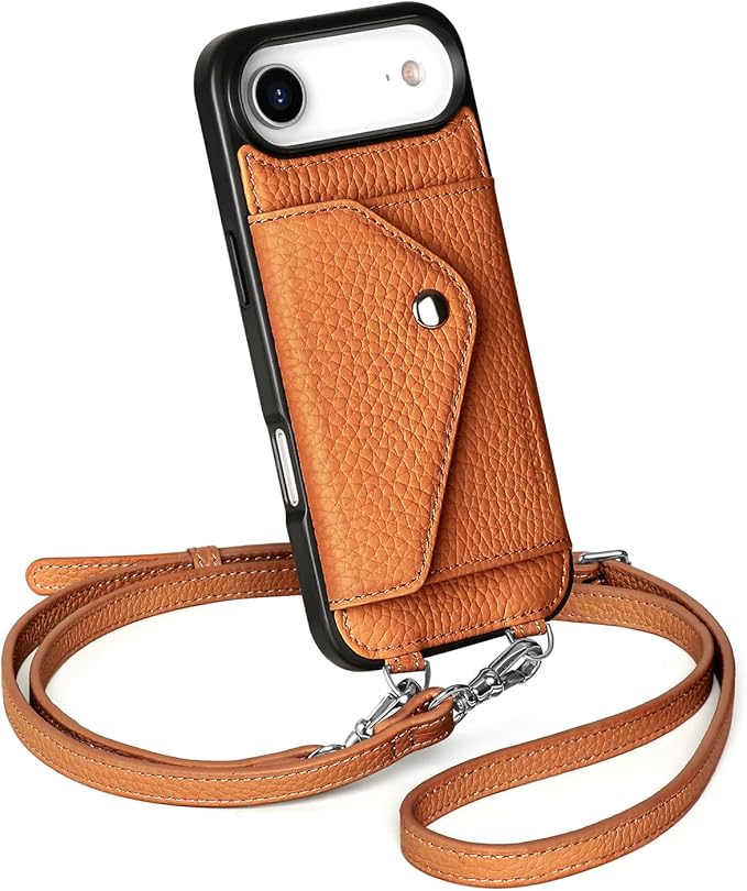 LUCKYCOIN Crossbody Wallet Phone Case for iPhone Air,100% Genuine Leather Wallet Phone Case with Expandable Flip Card Holder,Phone Purse for Women with Adjustable Removable Strap - Pebble Brown
