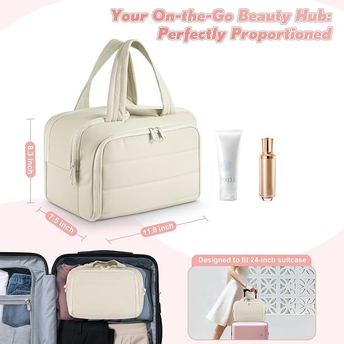 Travel Toiletry Bag:  Large Capacity, 4 Compartments, Wet/Dry Separation, Ultra-Soft Lightweight Fabric & Anti-Spill Design for Travel,Gym,Gift(11.8" L) (Off-White)