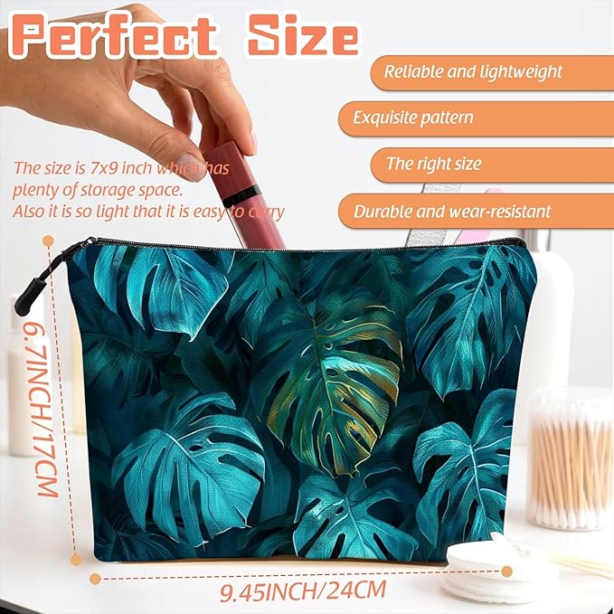 Cosmetic Bags Travel Makeup Toilet Case Waterproof Pouch for Women Girls 6.7X9.45inches - Tropical Monstera Leaves in A Deep Teal Hue