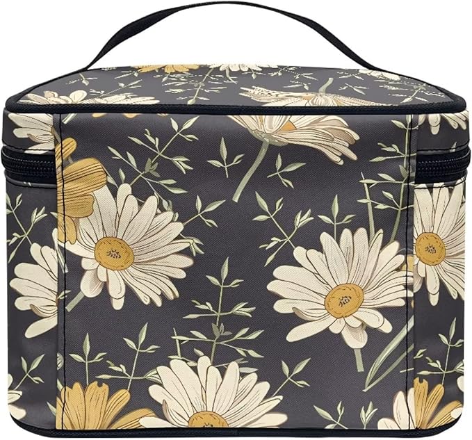 Cottagecore forest Daisy Flower Pattern Travel Makeup Bag for Women,Multifuntional Makeup Organizer,Large Capacity Cosmetic Bag,Toiletry Bag for Women with Zipper and Portable Handle