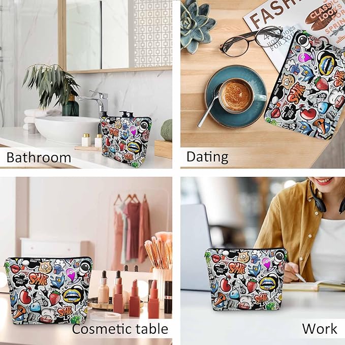 Women Cosmetic Bag Graffiti, Rainbow Graffiti Social Media Signs Cute Makeup Bag For Purse Cosmetic Travel Bag For Toiletries Makeup Storage Bag Flax Skincare Bag Make Up Pouch Bags