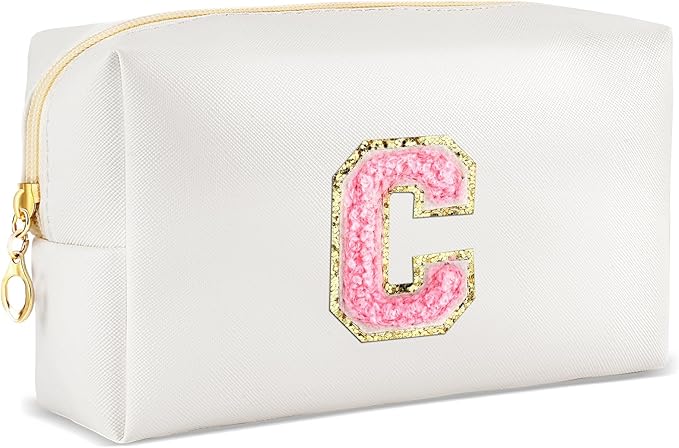 Initial Makeup Bag Personalized Preppy Travel Small Cosmetic Bag Cute PU White Chenille Letter Makeup Pouch for Purse Waterproof Zippered Toiletry Organizer for Women Girl Kid Friends(C)