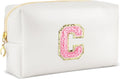 Initial Makeup Bag Personalized Preppy Travel Small Cosmetic Bag Cute PU White Chenille Letter Makeup Pouch for Purse Waterproof Zippered Toiletry Organizer for Women Girl Kid Friends(C)