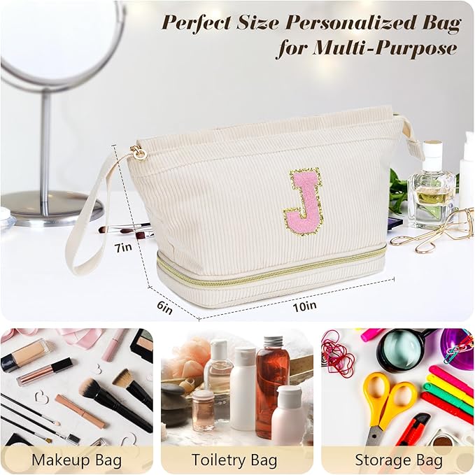 Makeup Bag for Girls Gift, Personalized Christmas Gifts Initial Women Makeup Bag for Travel, Double Layer Cosmetic Bag with Brush Organizer Preppy Make up Bag for Teen Girl Trendy - Q