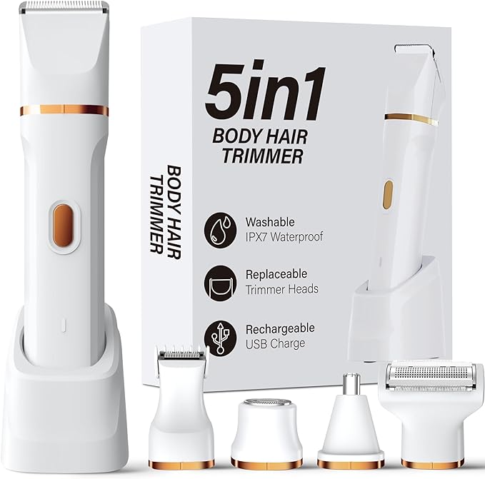 KINGTEE 5-in-1 Electric Bikini Trimmer for Women – IPX7 Waterproof Shaver, Cordless Body & Facial Razors for Women, Ceramic Blades, USB-C Rechargeable, Painless Hair Removal Kit (White)