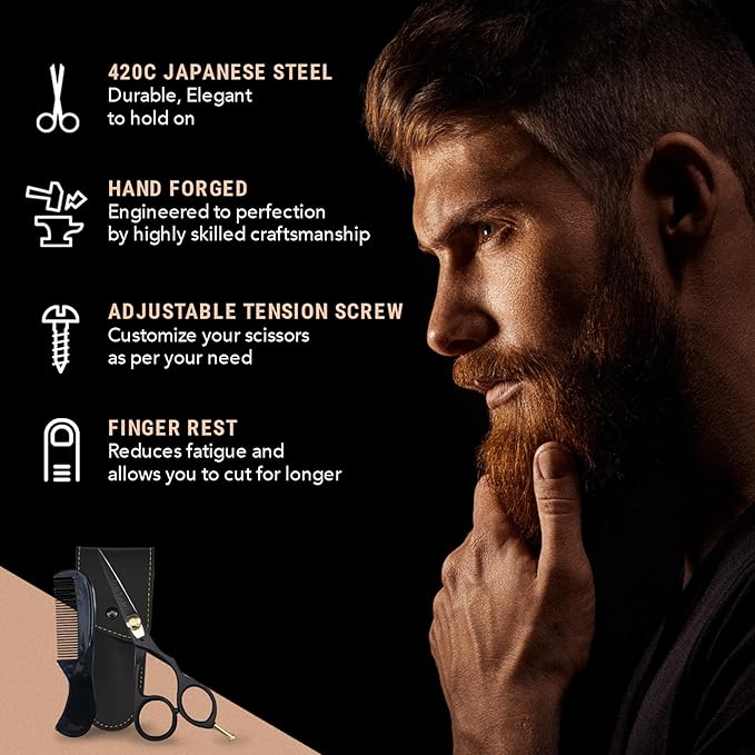 Ontaki Japanese Steel Beard Scissors for Men - 5.5" Ergonomic Black, Right-Handed - Scissors & Comb Travel Set, Beard Grooming Kit with Mustache Comb & Carry Pouch, Blunt-Tip Facial Hair Shears