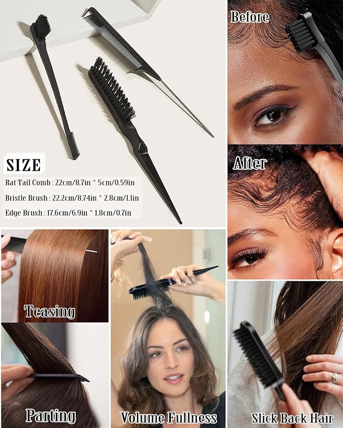 Samnyte Wax Stick for Hair & Styling Combs 4Pcs, Wigs Slick Edge Control, Teasing Brush Loose Hair, Rat Tail Separation, Finishing Flyaways, 4.58 Ounce, 4