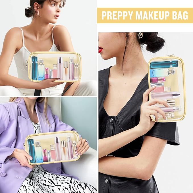 Nylon Small Clear Makeup Bag for Purse, Cute Makeup Bag Preppy Cosmetic Zipper Pouch Purse, Waterproof Travel Toiletry Bag Coin Pouch Clutch Makeup Brush Bag Organizer Storage for Women Ladies(Beige)