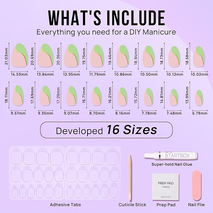 BTArtbox Press On Nails Almond - Short Designed With Gold Foil, Natural Tips, Glue On for Gifts, Stick On in 16 Sizes - 30 Nail Kit, Scenery