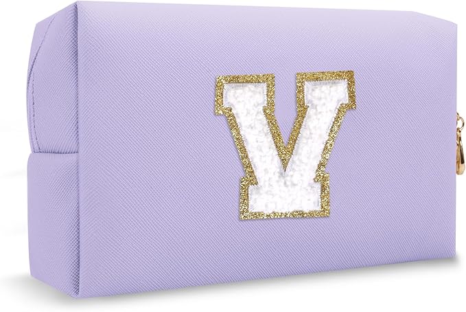 Personalized Initial Preppy Patch Makeup Bag, Cute Purple Cosmetic Organizer Travel Toiletry Zipper Pouch Small Makeup Bag for Purse,PU Leather Make Up Storage Valentines Day Gifts for Women(Letter V)