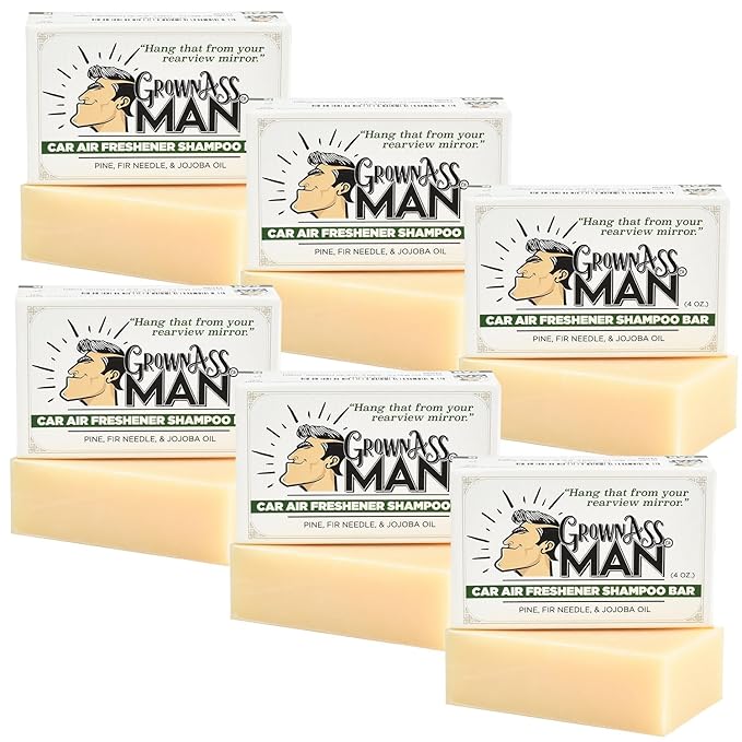 Grown Ass Man Co. - Solid Shampoo Bar Rich Lather 3 in 1: Hair, Beard & Body Wash - Plastic Free & Eco-Friendly, Natural & Organic for All Hair Types, 4oz Bar (Car Air Freshener, 6-Pack)