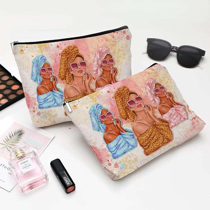 Cute Makeup Bag for Purse Canvas Waterproof Funny Cosmetic Bags for Women Zipper Travel Toiletry Pouch-Fashion Clipart African American Makeup Bags